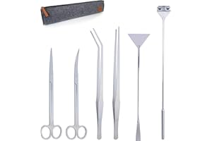 VORESTIC Zestaw narzędzi do akwarium 6 w 1, stal nierdzewna, w zestawie luksusowa torba filcowa, bardzo długa prosta i zakrzywiona pęseta, proste i zakrzywione nożyczki, szpatułka, skrobaczka do glonów