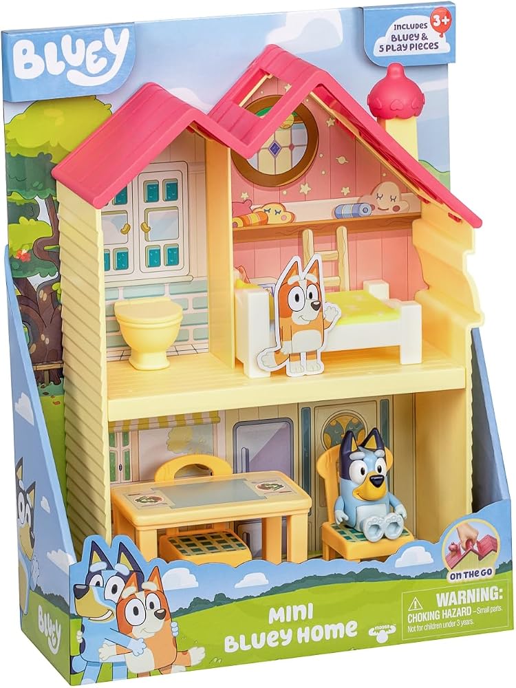 BLUEY Mini ev oyun seti | taşıma saplı kompakt ev oyun seti | üç farklı oda | mutfak, yatak odası ve banyo | 5 oyun parçası ile şekil içerir