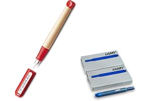 Lamy ABC 009 Penna Stilografica in legno d'acero e plastica con pennino in acciaio blu, lucidata - Spessore molla A (Primavera A, Porta stilografica + cartucce, rosso)