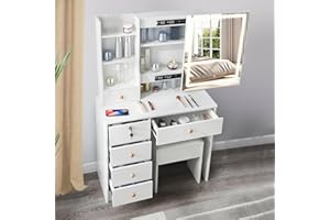Guanglai Makeup Vanity with Lights,Makeup Vanity with Sliding Mirror and LED Lights, Vanity Table Set with 5 Drawers and Stool,Shelves,Bedroom Vanity Mirror with Lights Desk and Chair,White