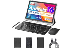 Android 16 10 inch Tablets, 20GB RAM 128GB ROM 2TB Expandable, 2GHz Octa-core Processor, 2 in 1 Tablet with Stylus Mouse Keyboard Case, 5G WiFi6, BT 5.0, 6000mAh, Widevine L1, GMS