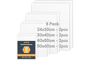 ARTME Toile à Peindre 8pcs (24x30-2pcs, 30x40-2pcs, 40x50-2pcs, 50x60-2pcs) Toile encadrée/ 280GSM / 100% coton/vierge/triple apprêt/sans acide/grain moyen / 1,7 cm - acrylique/huile
