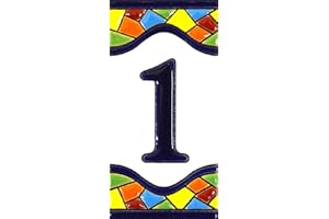 ART ESCUDELLERS Numero casa. Insegna con numeri e lettere fatte di piastrelle di ceramica policroma, dipinte a mano con la tecnica "cuerda seca", nomi indirizzi e segnaletica. Testo personalizzabile. Disegno MOSAICO MEDIANO 10,9 cm x 5,4 cm. (NUMERO UNO "1")