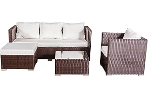 Wowcher 4 Piece Rattan Corner Sofa Set 5 Seater Canonbury Garden Furniture L-Shaped Sofa 5mm Glass-Topped Coffee Table Cushions with Removable Washable Covers Galvanised Steel Frame Brown