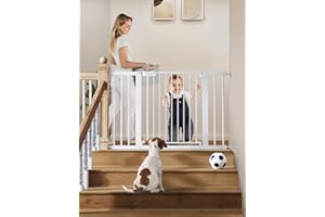COMOMY 75-117cm Türschutzgitter Ohne Bohren, Treppenschutzgitter Auto Close mit Grün/Rotem Schild, Kindersicherung Tür, Türgitter für Hund/Katze, 90° Stop, mit Y-Spindel (76cm Hoch, Weiß)