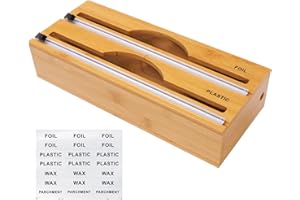 Coptiner 2 in 1 Folienspender Mit Cutter und Etiketten, Folienschneider Frischhaltefolie abroller, Bambus Wickelspender, Folienschneider Für Alu- & Frischhaltefolie