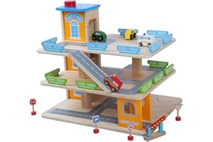 TikTakToo Garage Parcheggio IN Legno Parktower Giocattolo Bambini Garage per Auto Parcheggio Coperto Garage Incl. 4 Nettezza