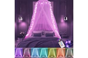 HEYCOLOR Rosa Betthimmel für Mädchen, Bettvorhang mit 100 LED Lichterketten, 18 farbwechselnde Sternlichter, Kuppel vorhänge für Mädchen Prinzessin Frauen Schlafzimmer, 1 Eingang für Einzel- bis doppelbett