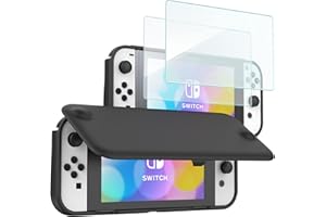 ProCase Funda y Pantalla Protectora para Nintendo Switch OLED, Funda con Tapa y 2 Piezas de Protectores de Pantalla de Vidrio Templado para Nintendo Switch OLED Model 2021 -Negro