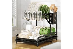 Cocolemon Escurreplatos Acero Inoxidable Cocina, Escurridor de Platos de 2 Niveles con Función de Drenaje Automático Escurridor de Platos para Fregadero, Escurre Platos Armarios, Negro