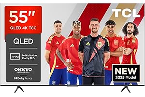 TCL 55T8C, 55'' QLED TV, 4K 144Hz UHD TV, Smart TV Powered by Google TV (Dolby Vision & Atmos, Motion Clarity Pro, FreeSync, Onkyo 2.0 Sound, Voice Control)
