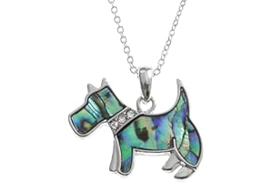 Kiara Jewellery Naszyjnik z wisiorkiem z psem szkockim, inkrustowany naturalną zielonkawo-niebieską muszlą uchowca Paua ze szklanymi kamieniami, wszyty kołnierz na łańcuszku śladowym 45 cm. Nie