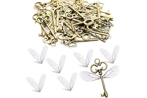 HERZWILD Set of Vintage Skeleton Keys Flying Keys Charms With Dragonfly Wings and Elastic Crystal String for DIY Wedding Party Decorations