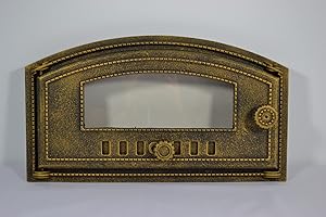 SEZAM Backofentür aus Gusseisen mit hitzebeständiger Glasscheibe, nach links öffnend, Pizzaofentür - Brotofen - Steinofentür, 48,5 x 6,5 x 27,5 cm - halbrund, altgoldfarbene Bemalung