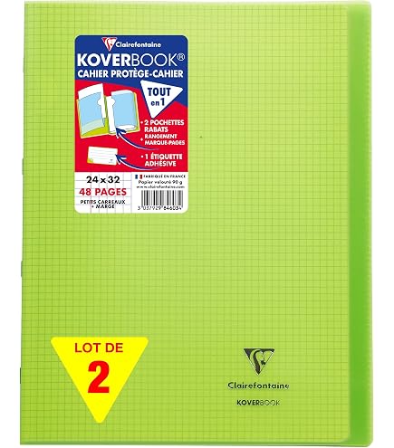 Cahiers Clairefontaine Koverbook Lot De 2 | 24x32cm 48 Pages | Grands Carreaux 90g | Couverture Polypro Rouge