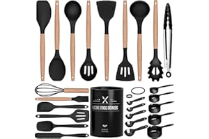 Terlulu Küchenhelfer Set, 26 Stück Silikon Kochutensilien Kochbesteck, Hitzebeständiger Kochgeschirr mit Utensilienhalter, Antihaft Kochset Küchenutensilien Holzgriff, Tongs, Whisk, Spatula - Schwar