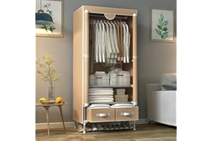 Anmas Power Portable Canvas Closet with Drawers and Hanging Rail, Wardrobe with Shelves, 75x45x170cm for Bedroom, Light Coffee