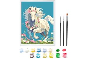 Zimrobin Malen Nach Zahlen ab 5 6 7 Jahre Mädchen und Junge, Malen Nach Zahlen für Kinder mit Rahmen 3 Pinsel und Acrylfarben, 18 X 24cm(Pony in den Blumen)