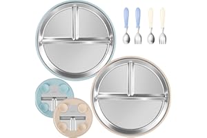 AUROAY Set Bebé: 2 Platos Acero Inoxidable 304 + 4 Ventosas Silicona Azul/Beige + 2 Tenedores y 2 Cuchillos, Antideslizante Extra, Sin BPA