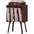 LELELINKY Small Record Player Stand - Width 11.7 in, Walnut Vinyl Record Storage Table with 4 Cabinet Up to 80 Albums, Vinyl Holder with Wood Legs,Turntable Stand Display Shelf for Bedroom Living Room