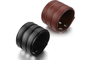 JewelryWe Schmuck Herren Breit Lederarmband, Punk Druckknopf geflochten Leder Armband Wickelarmband Armreif Manschette, verstellbare Größe, Schwarz/Braun