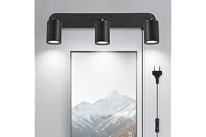 TaFiCo Applique Murale Intérieure avec Prise et Interrupteur 3 Spots - Noir GU10 Lampe de Chevet Murale Tourner 350° Rétro - Lampe Murale pour Chambre Salon Couloir Peinture Murale - Sans Ampoules