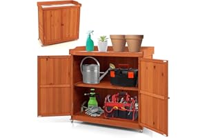 HOMASIS Armoire de jardin d'extérieur en bois résistant aux intempéries avec plan de travail, armoire à outils avec roulettes et étagère amovible, table pour terrasse, jardin, balcon, 98,5 x 48 x 100