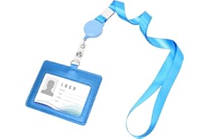 Vicloon Colgante de Tarjeta de Identificación PU, Soporte de Tarjeta ID de Doble, Caracuero Horizontal Portatarjetas con Lanyard y Retráctiles para Personal, Oficina (Azul Claro
