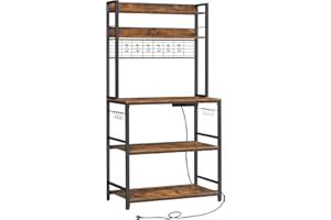 VASAGLE Étagère de Cuisine avec Multiprise, Support pour Micro-Ondes, Étagère de Rangement, avec Panneau Grillagé, 14 Crochets, 40 x 80 x 170 cm, Marron Rustique et Noir KKS025B01EU