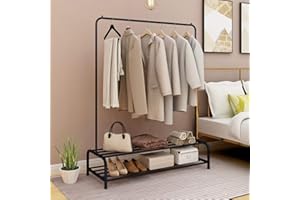 JURMERRY Metal Coat Rail Pipe Hanging Clothes Rail Heavy Duty Storage Shelf 2-Tier Metal with Home Office Indoor,Black