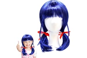 GXHONG Perruque Ladybug Enfants, Courte Cosplay Bleue, Ladybird Filles avec Rubans Rouges, Perruque en Fibre Synthétique, Costume Carnaval Mascarade