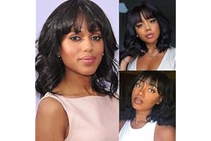 colorful panda Peluca Negro Corto Ondulada Afro Bob Pelucas con Flequillo para Mujer, Color Natural Longitud del Hombro Brasileña Pelo Sintéticas para Cosplay Disfraz o Uso Diario (color:1B#)