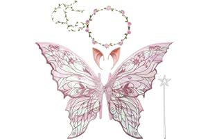 AUZLYA Feenflügel Kostüm,Feenflügel Erwachsene Kinder,Schmetterlingsflügel,Prinzessinnenflügel,mit Elfenöhren,Stirnband und Sterne Feenstäbe,für Halloween Weihnachten Fasching oder Feen Mottopartys