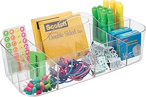 mDesign Koszyk z przegródkami i rączka na długopisy, kredki i akcesoria szkolne – Plastikowy przenośny organizer na biurko – Wielofunkcyjny pojemnik z przegródkami – Przeźroczysty