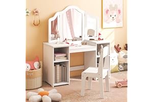 ‎DREAMADE DREAMADE 2 in 1 Kinder Schminktisch mit Hocker und abnehmbarem Spiegel, Prinzessin Frisiertisch mit 4 offenen Ablageflächen, Kinderschminktisch für Kinder Mädchen (Weiß-mit Hocker ohne Box)