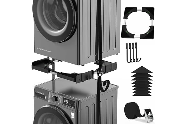 Kit d'empilage universel pour machine à laver et sèche-linge, avec corde à cliquet, accessoire de machine à laver pour sèche-linge, taille réglable 45-68 cm (Noir ultra-mince)