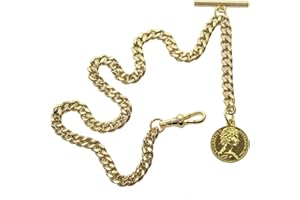watchvshop Albert Chain Gold Tone Pocket Watch Chain Vest Chain for Men Fob T Bar with Swivel Clasp with Queen Design Medal Fob Charm AC79A, Gold, Chain Length - 1 X 12 inches + 1 X 2 inches, Classic