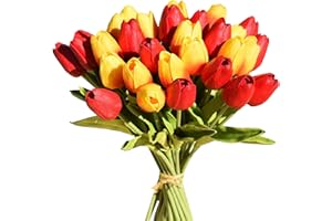 Tifuly 24 pezzi di tulipani artificiali in lattice, realistici bouquet di fiori finti di tulipani per la casa, matrimonio, festa, decorazione dell'ufficio, composizioni floreali (Rosso + Tramonto)
