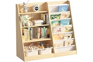 Hironpal Kids Bookshelf Children Bookcase Toddler Toy Storage Organizer 4 Tier 6 Sling Book Rack Adjustable Shelf for Kid Room, Playroom, Nursery, Bedroom (Burlywood+large Size)