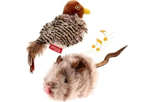 GiGwi Automatic Cat Toys Pack, Interactive Kitten Toys Electronic Squeaky Animals Bird and Mouse, Plush Toys for Cats to Play Alone, 2 Pcs