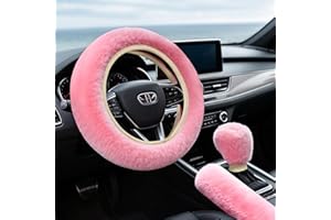 JOKUREAO 3Pcs Elastic Steering Wheel Protector Set,Steering Wheel Cover,Handbrake Cover,Gear Shift Cover,Fluffy Soft Anti-Slip Steering Wheel Covers,Universal 38cm Pink Cute Car Accessories for Women Girls