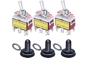 Taiss 3 pezzi Interruttore a Levetta 3 Posizioni DPDT ON/Off/ON 6 Pin Metallo Interruttore a Bilanciere 10A 220V-250V AC con Cappuccio Impermeabile,per Auto,Camion,Barca Ten-1322