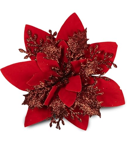 GL-Turelifes 6 fiori di magnolia artificiali glitterati grandi, in velluto, 25 cm, decorazioni per albero di Natale, Capodanno, feste e matrimoni (bianco crema