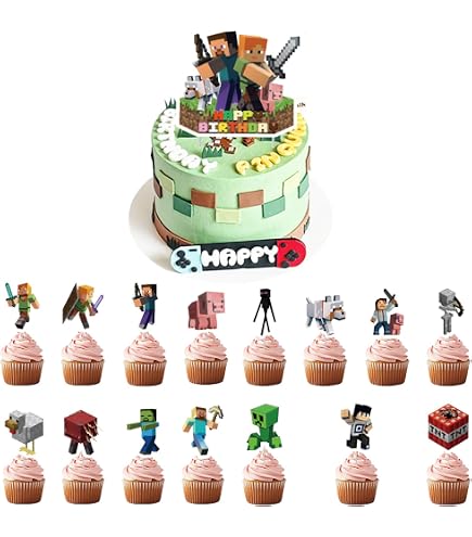 19 Pièces Décoration Gâteau Pixel - Topper Anniversaire Thème Jeu Vidéo, Déco Cupcakes Et Desserts - 5