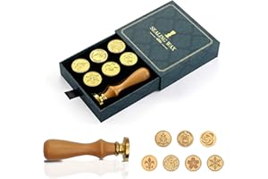 DREAMARK Zestaw pieczątek woskowych 7 sztuk pieczęć wosku głowice mosiężne i 1 sztuka drewniana rękojeść pieczęć uszczelniacz wzór Vintage wymienny pieczęć na sucho pieczęć do uszczelek woskowych