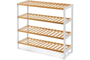 KEPLIN 4 Tier Natural Bamboo Shoe Rack Easy Assembly & Strong Design Stand Shelf Organiser Ideal for Corridor,Bedroom,Bathroom,Hallway & Small Spaces Large Capacity (4 Tier, White/Natural)
