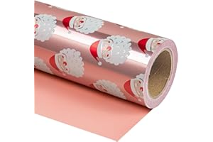 RUSPEPA Papel De Regalo Navideño Reversible - Mini Rollo - 43,2 Cm X 10 M - Diseño Frío De Papá Noel Y Rosa Sólida con Brillo De Lámina Metálica para Navidad, Vacaciones, Celebración De Fiestas