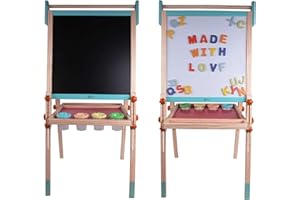 Classic World Wooden Double-Sided Multi-Functional Art Easel, Foldable, Adjustable Height, Includes Magnetic Drawing Whiteboard, Chalkboard, 6 Paint Cups, 26 Alphabets, 54 x 45 x 113 cm, 3 Years+