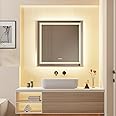 Wisfor Bathroom Mirror with LED Light: 800x800mm Square Dimmable Lighted Mirror with Smart Switch and Anti-fog Wall Mounted Vanity Makeup Mirror, 3 Changeable Colors (Backlit + Front Light)