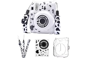 HIYQIN Funda Transparente para Cámara Instantánea Fujifilm/Polaroid Instax Mini 12 con Correa Ajustable y Pegatina Divertida - Transparente + Patrón de Vaca